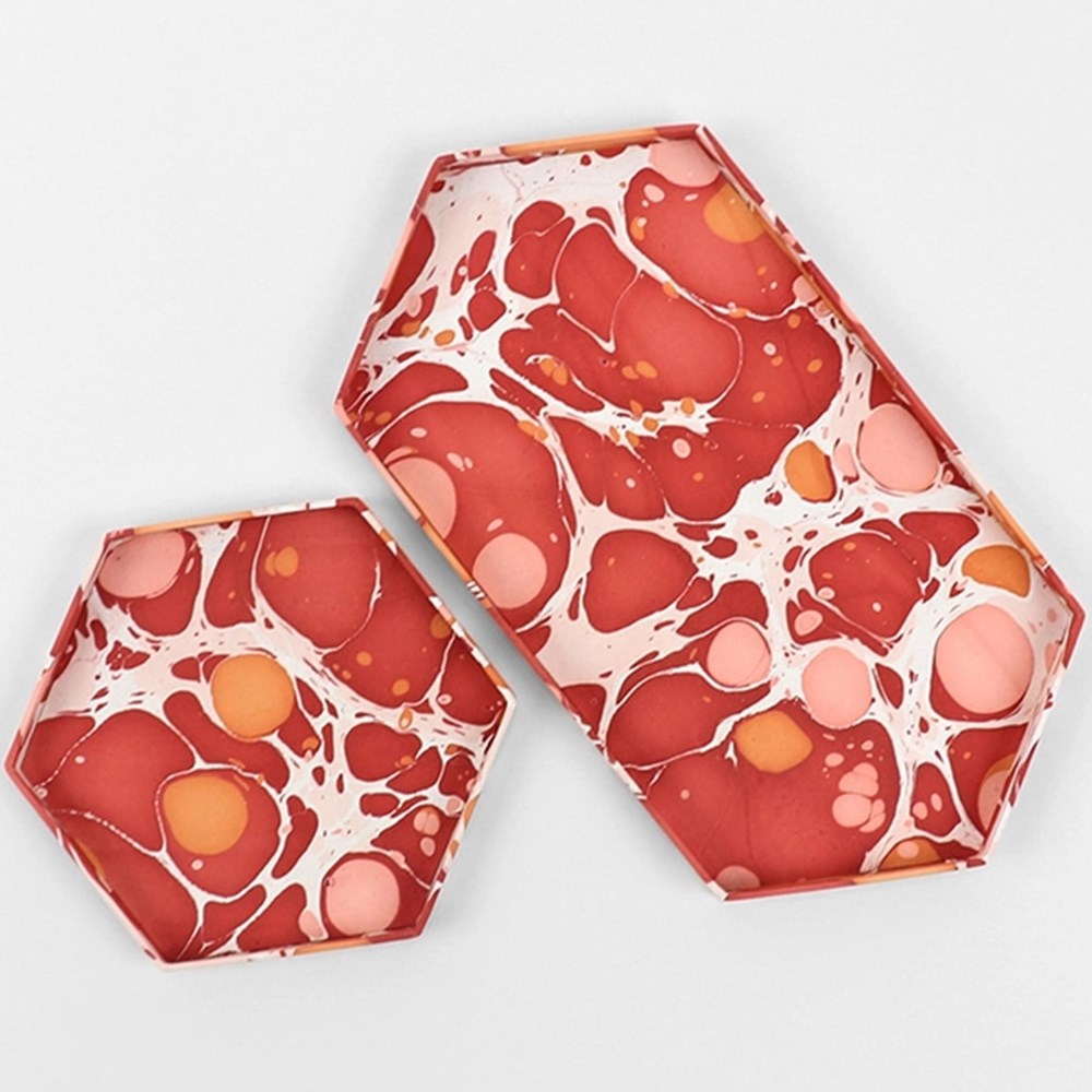 Marbled Hexagon Tray Set - Pebbles Red