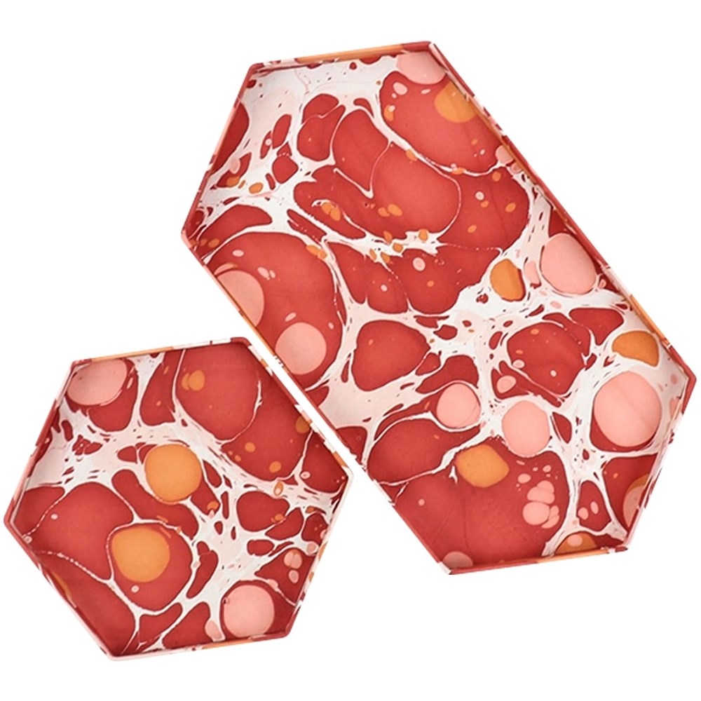 Marbled Hexagon Tray Set - Pebbles Red